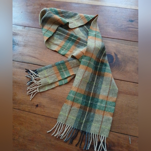 Pure Wool Scarf Ireland, Green/ Rust/Beige plaid, Fringe.  66" Length, Pre-owned - Picture 2 of 7